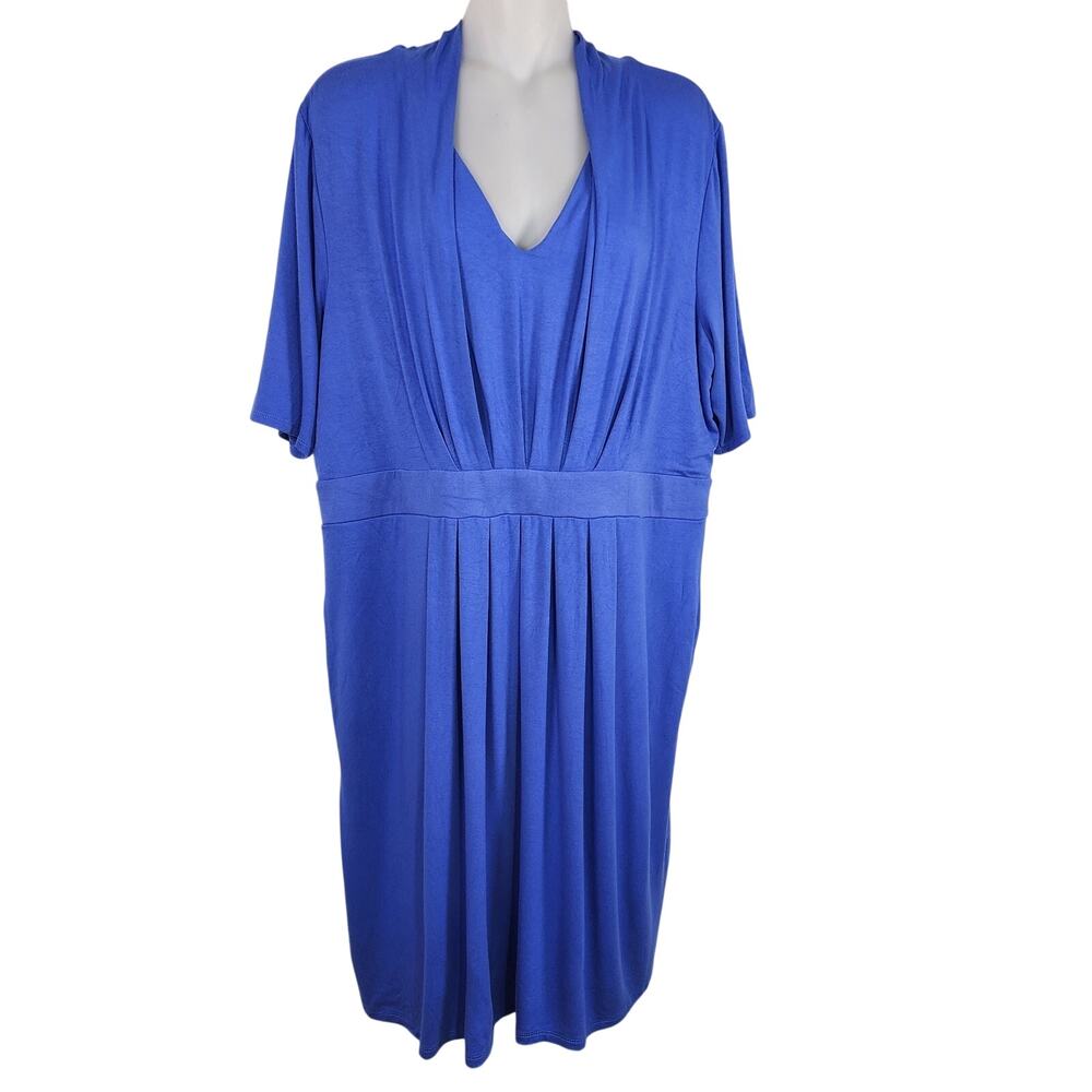 Chicos Women Classic Pleated Short Sleeve Dress XL 16/18 Blue V Neck Knee Length